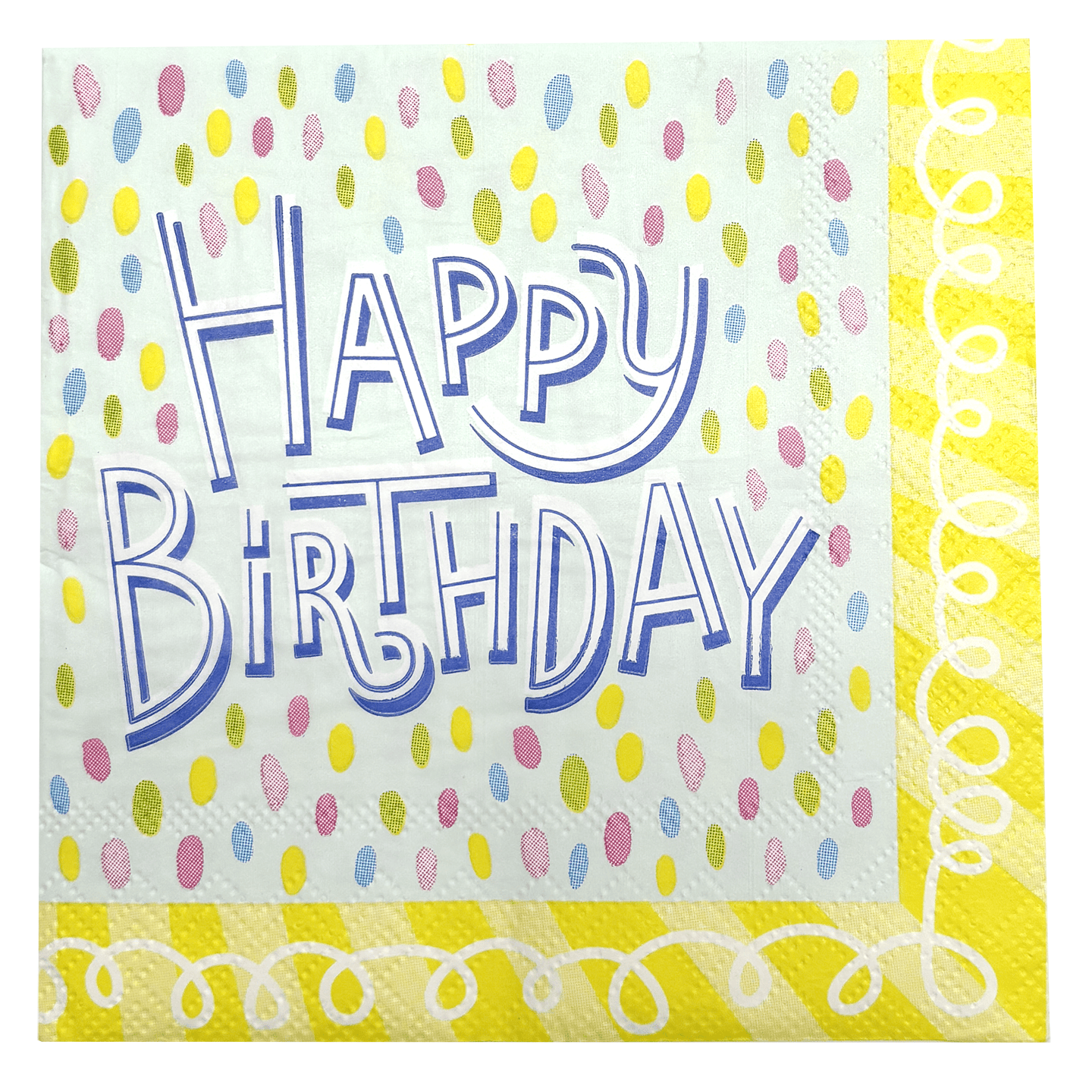 Set of Pictura Happy Birthday Dots napkins with colorful birthday-themed printed designs.